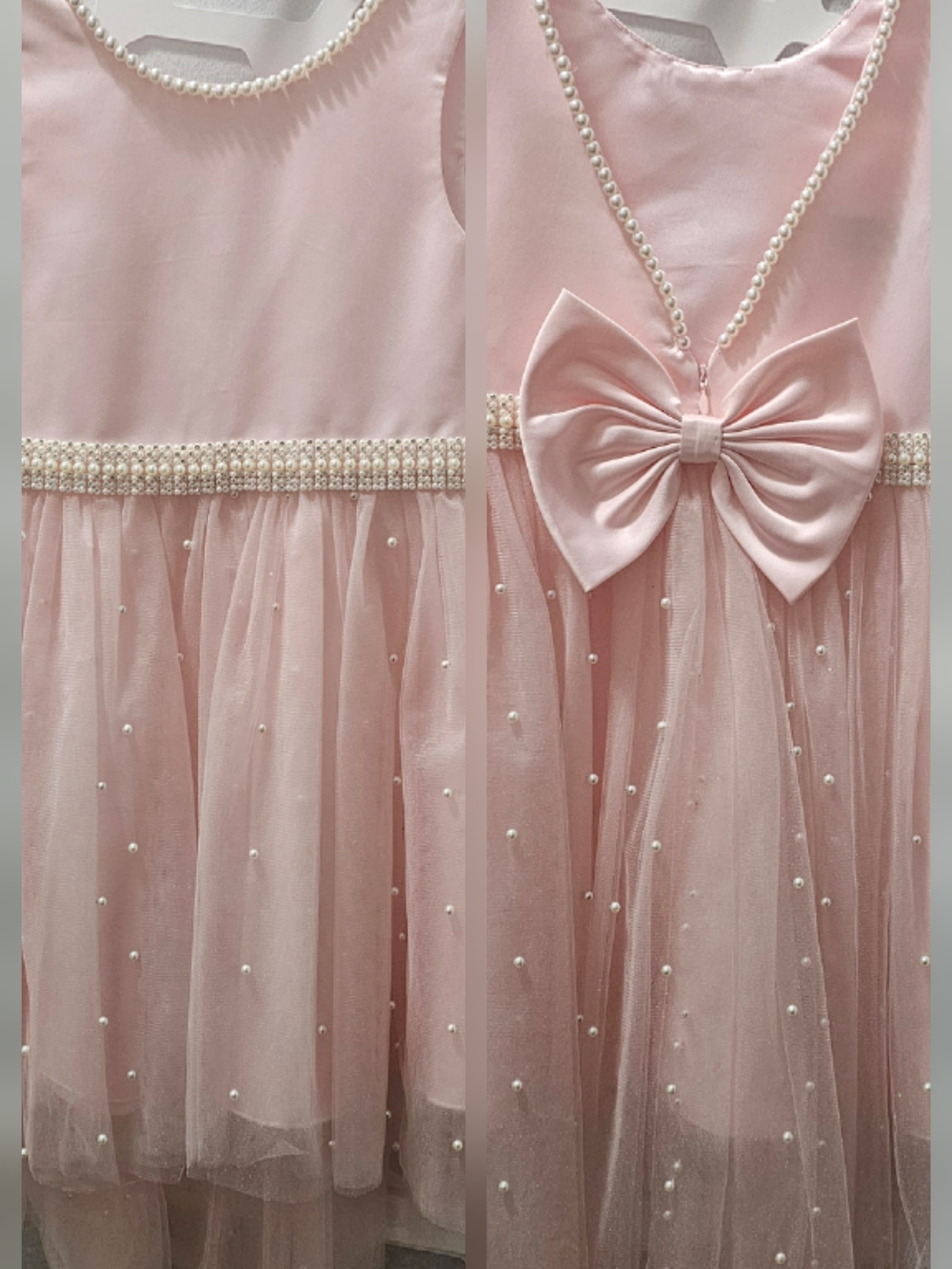 Girls Pink Pearl Tulle Party Dress with Bow Size 8